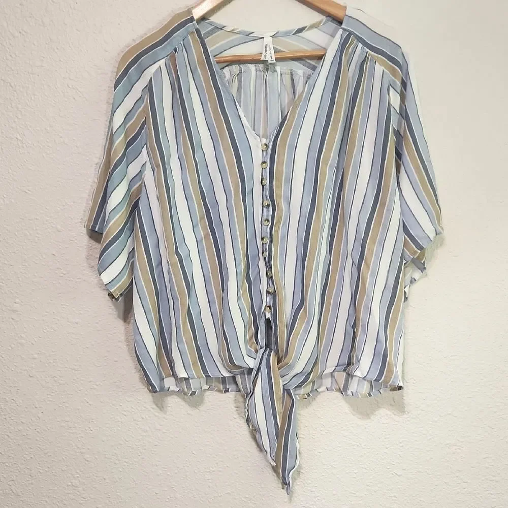 Live 4 Truth Striped V-Neck Top Navy, Tan, White Button-Down Tie Waist Size 3X